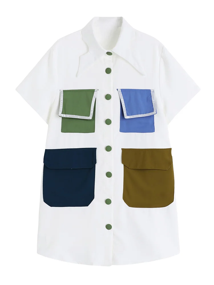 

Summer Dresses For Women 2022 Fashion Contrast Flap Pockets Short Sleeve Mini Dress Lapel Collar Button Up White Shirt Dress