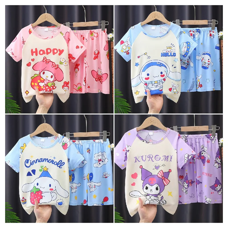 

Kawaii Cinnamoroll Childrens Short Sleeve Pajamas Sanrios Summer Thin Style Cartoon My Melody Kuromi Childrens Homewear Set