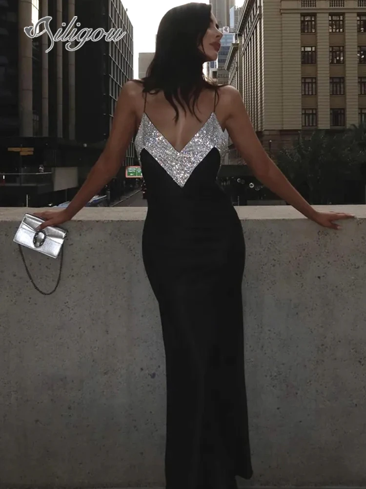 

Ailigou 2023 New Women'S Sexy Sleeveless V-Neck Backless Crystal Black Diamond Maxi Long Bandage Dress Elegant Evening Dress