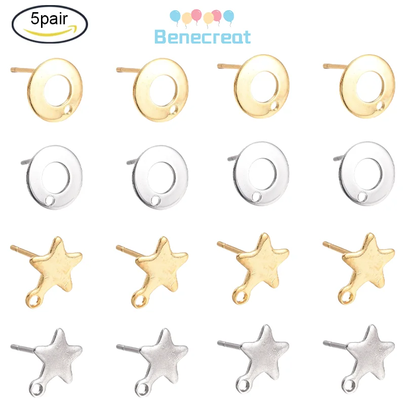 

5Pair 2 Styles Earring Posts with Loop Stainless Steel Stud Earring Golden & Stainless Steel Color Earring for Jewelry Making