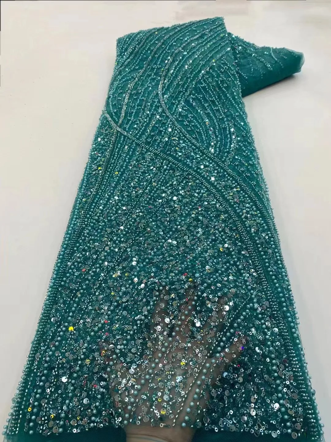 

2023 синяя фотоблестящая Кружевная Ткань 5 ярдов, горячая Распродажа, африканская кружевная ткань с бусинами для свадебного или вечернего платья