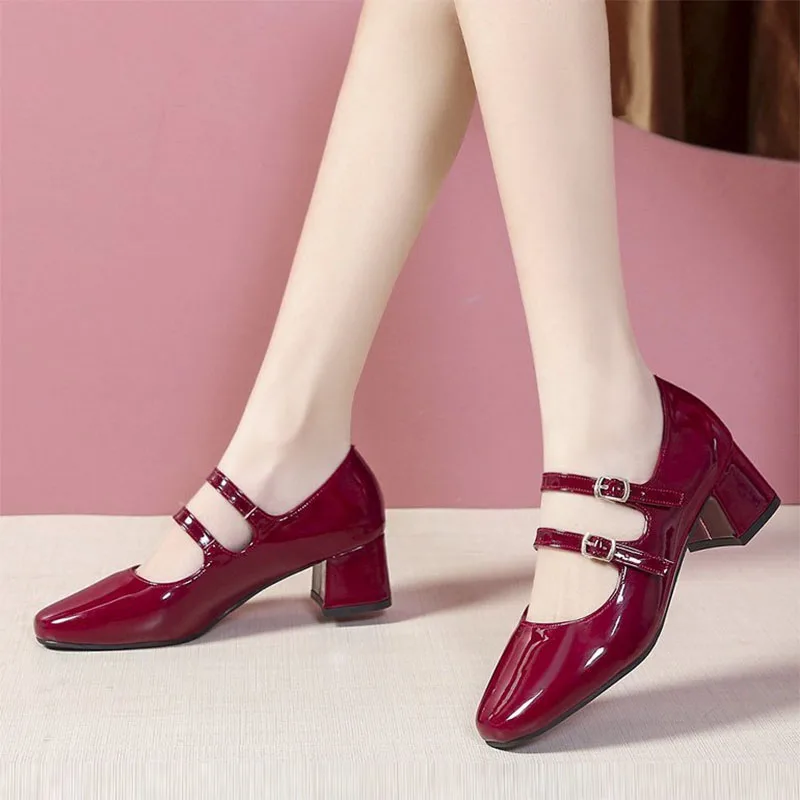 

Women Sandals Double Buckle Mary Jane Shoes Woman Pumps Patent Leather High Heels Dress Shoes Sliver Wedding Shoes Spring 9646N
