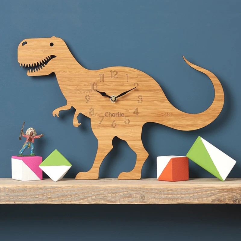 

Forest Theme Bamboo And Wood Cartoon Dinosaur Wall Clock Children's Room Tyrannosaurus Rex Wooden Animal Wall Clock Quartz Clock