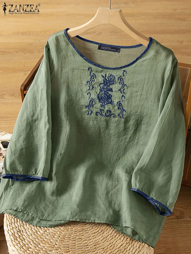 

Рубашка ZANZEA женская с рукавом 3/4 и вырезом лодочкой, блузка из хлопка и льна с вышивкой в ретро стиле, повседневный Свободный Топ, однотонная блуза, лето 2023