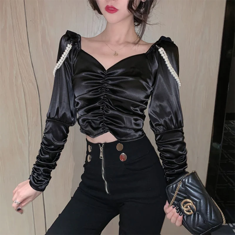 

Блузка Женская атласная с V-образным вырезом и длинным рукавом