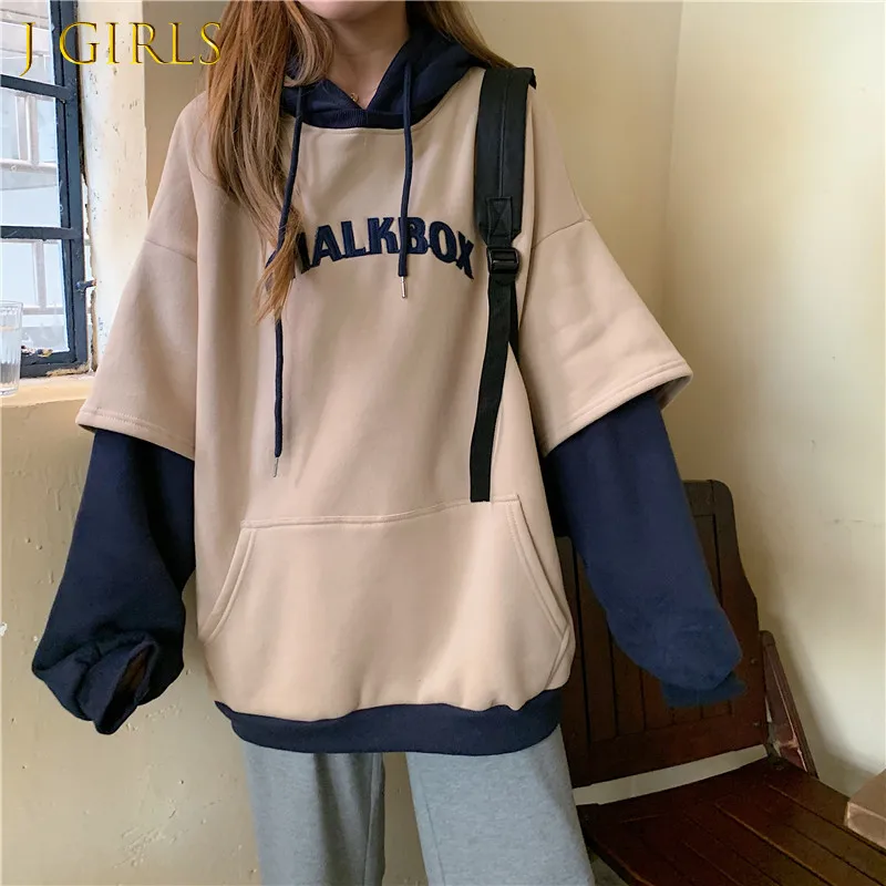 

J GIRLS Hoodies Women Aesthetic Thicker Korean BF Ulzzang Embroidery Letter Long Loose Pullovers Hooded Warm Students Daily New