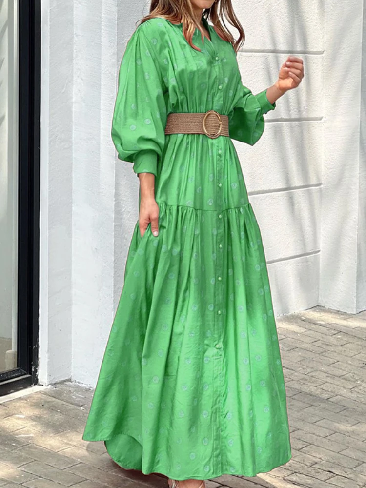 

Spring Summer Loose Dress Women's Stand Collar Belt Polka Dot Printed Long Skirt Fashion Casual Street Women Dress Dresses Robe