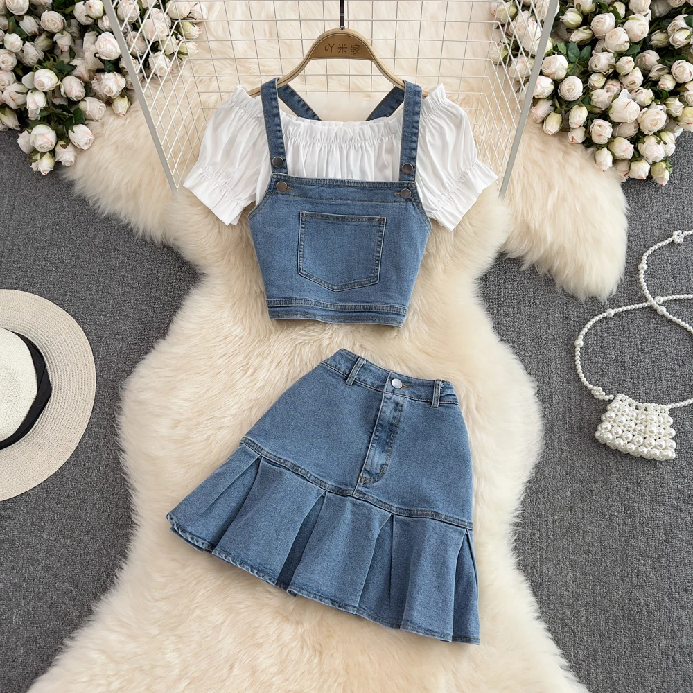 

2022 New Fashion Suit Female Denim Suspender Vest + Off Shoulder Top with One Shoulder + Three Piece High Waist Fishtail Skirt