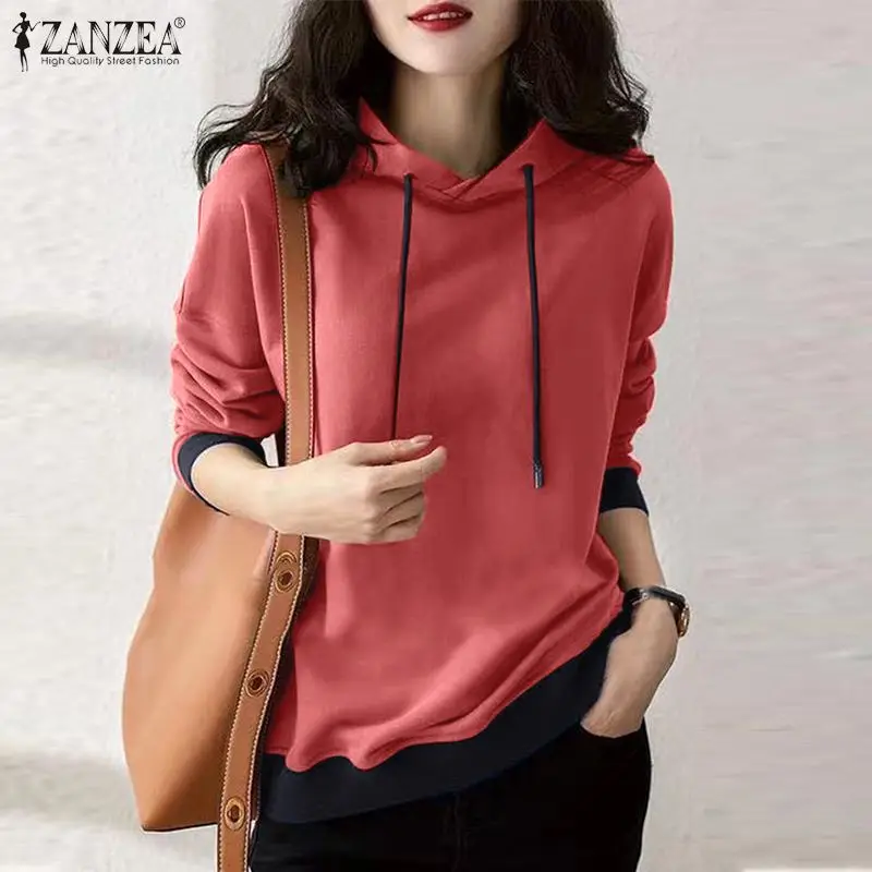 

ZANZEA Long Sleeve Baggy Sweatshirt Women Casual Loose Hoodies Autumn Elegant Hooded Chemise Fashion Oversize Beach Korean Tops
