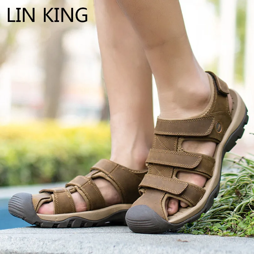 LIN KING New Style Genuine Leather Sandals Men Summer Shoes Plus Size Solid Waterproof Beach Sandals Outside Footwear Sandalias