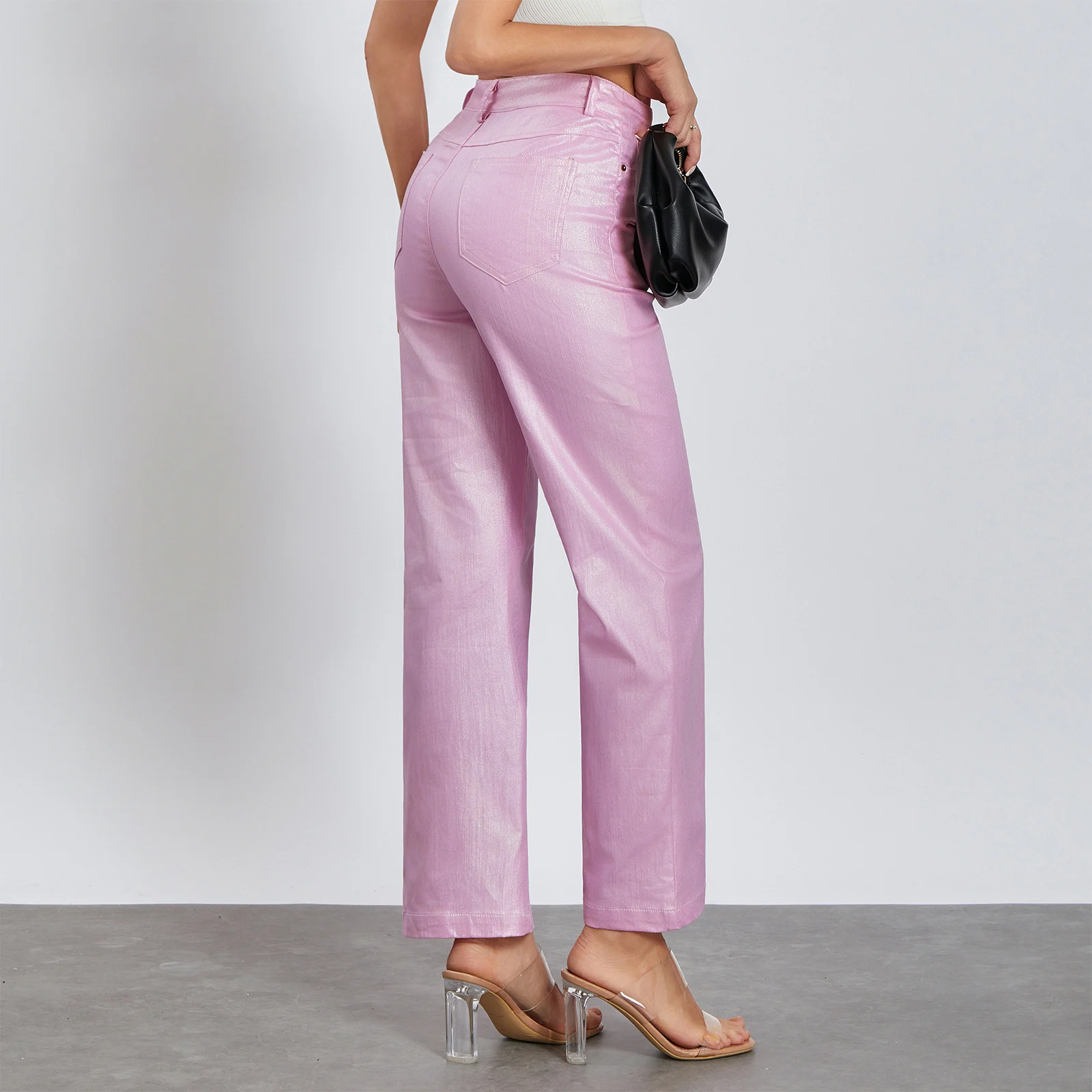 Женские блестящие джинсовые брюки с металлическим блеском однотонные прямые