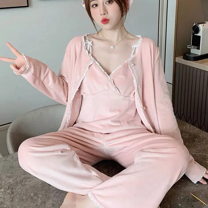 2022 Spring New Fashion Comfortable Pajamas Women Three-piece Sexy Suspenders Long-sleeved Trousers Homewear Simple Style