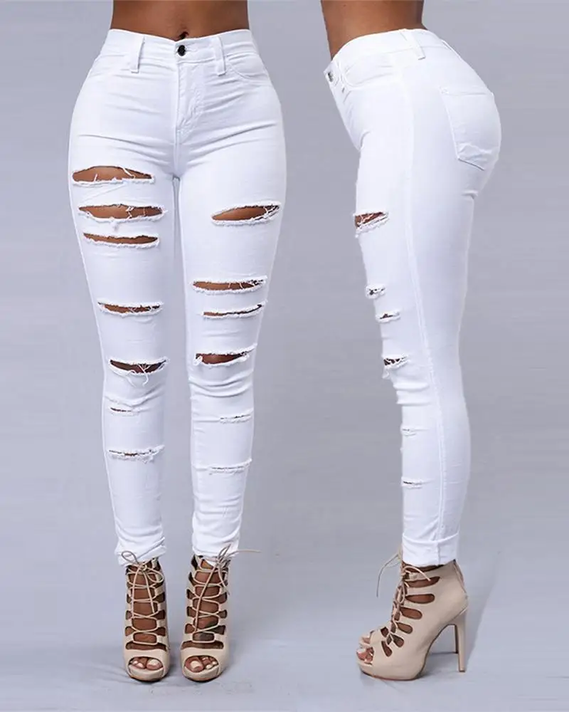 

Zipper Fly Ladder Cutout Ripped Skinny Jeans Women Sexy Hole Hollow Out Sexy Skinny Spring Summer Solid Color Denim Pants Jeans