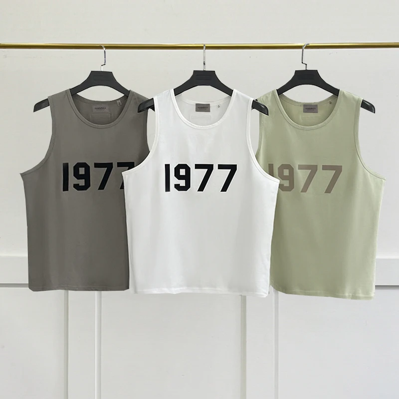 

Summer High Quality ESSENTIALS Tank Tops 100% Cotton Sleeveless Shirt Flocking Logo Unisex Oversized Gyms Running Vest