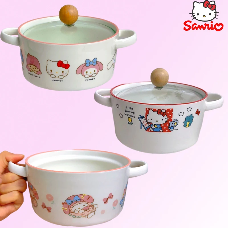 

Sanrio Hello Kitty Ceramic Bowl Anime Kawaii My Melody Cinnamoroll Student 6-inch Two-handle Noodle Bowl with Lid Cute Tableware