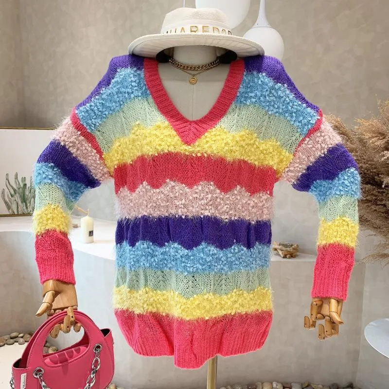 

New Women's Clothing 2022 Autumn Sweet Rainbow Stripe loose lazy V-neck medium length knit shirt sweater top