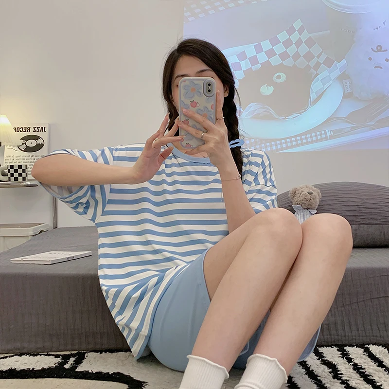 CAIYIER Cute Girls Pajama Set O-Neck Stripe Short Sleeve Shorts Sleepwear Leisure Ladies Elegant Soft Nightwear Pyjama Home Suit