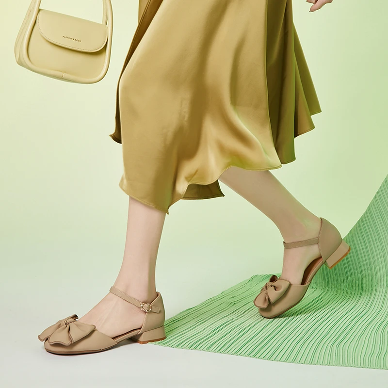 Autuspin Sweet Butterfly Knot Women Pumps Spring Summer Square Toe Mary Janes Shoes Females Low Heels Daily Leisure Pump Woman