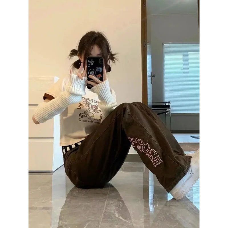 Retro Five Pointed Star Straight Women Jeans European and American Style Design Slim Fit Leg Length All Match Pants Casual Jeans