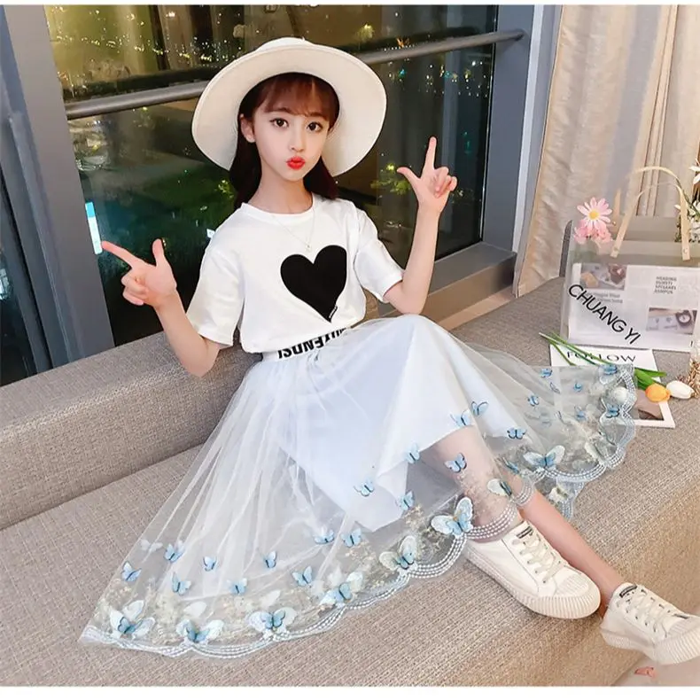 

Girls Summer Clothes Sets 2022 New Kids Outfits Children Love Heart T-shirt and Embroidered Gauze Skirt Suit for Girls Clothing