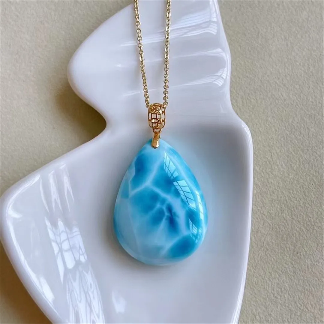 

Natural Larimar Stone Pendant Jewelry 18K Gold For Women Lady Man 26x19x9mm Beads Dominica Water Pattern Gemstone Crystal AAAAA