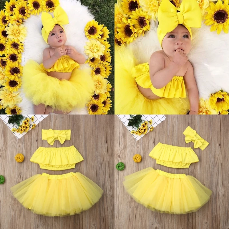 

Cute 3Pcs/set 0-24M Summer Kid Baby Strapless Crop Tops+Tulle Skirt Ball Gown+Headband Girl Outfits