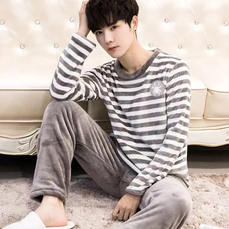 Men Fashion Autumn Winter Coral Fleece Pajamas Striped Sleepwear Set Warm Thicken Homewear Suit
