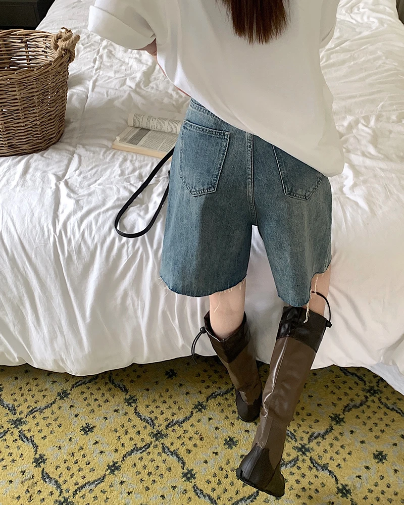 2023 Denim Shorts Women's Blue Commuter Summer New High Waist Straight Tube Loose Wide Leg Slim Capris