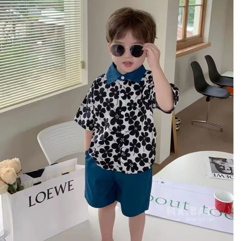 

2pcs kid Boys Summer Clothes Sets Children floral T-Shirts and Shorts pant Outfits For 2-8 Years Middle Big Boy