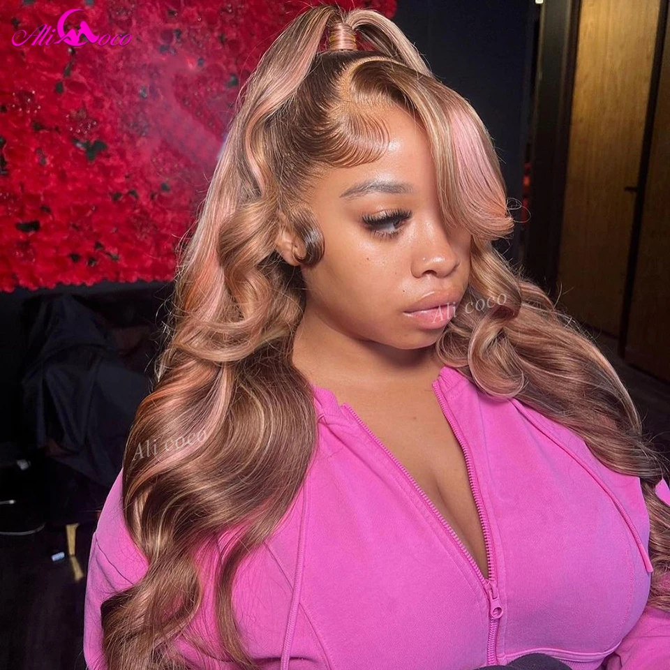 

Highlight Pink Colored Human Hair Body Wave Wigs Transparent 13x6 13X4 Lace Frontal Wigs Ombre Brown Pink 5X5 Lace Closure Wig