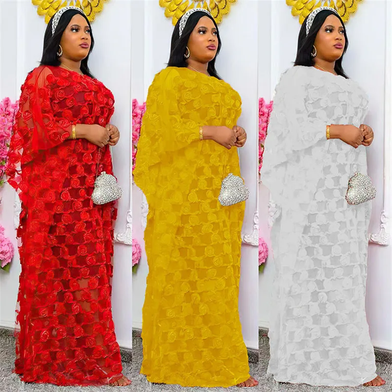 

New African Dresses for Women Dashiki Lace Flower African Clothes Bazin Kaftan Boubou Robe Africain Dress Embroidery Long Dress