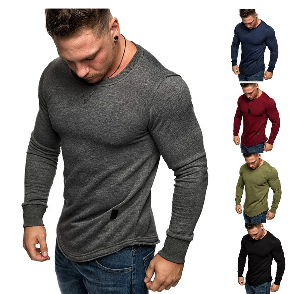 

2022 Spring And Autumn Slim Body Long Sleeve Shirt Men's Casual Solid Color Sport Bottom Coat European And American Round Collar