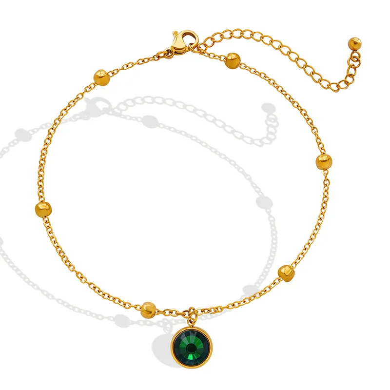 

New Stainless Steel Ball Chain Foot Bracelets Green Stone Round Charm Anklet for Women Girl Gold Plated Waterproof Jewelry