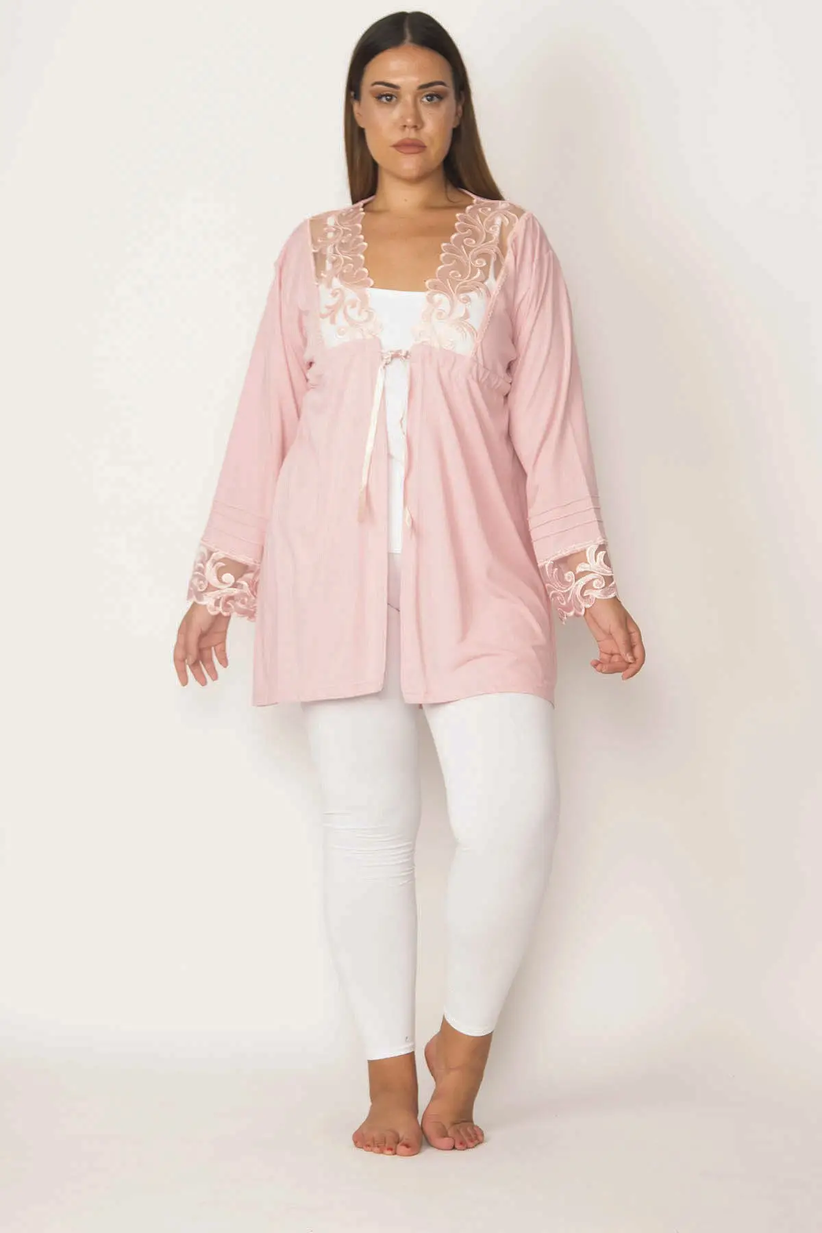 

Dressing Gown Pink Lace Detailed Fashion Robe Robe Robe Sexy Peignoir Kimono Bride Sleepwear Night Gown