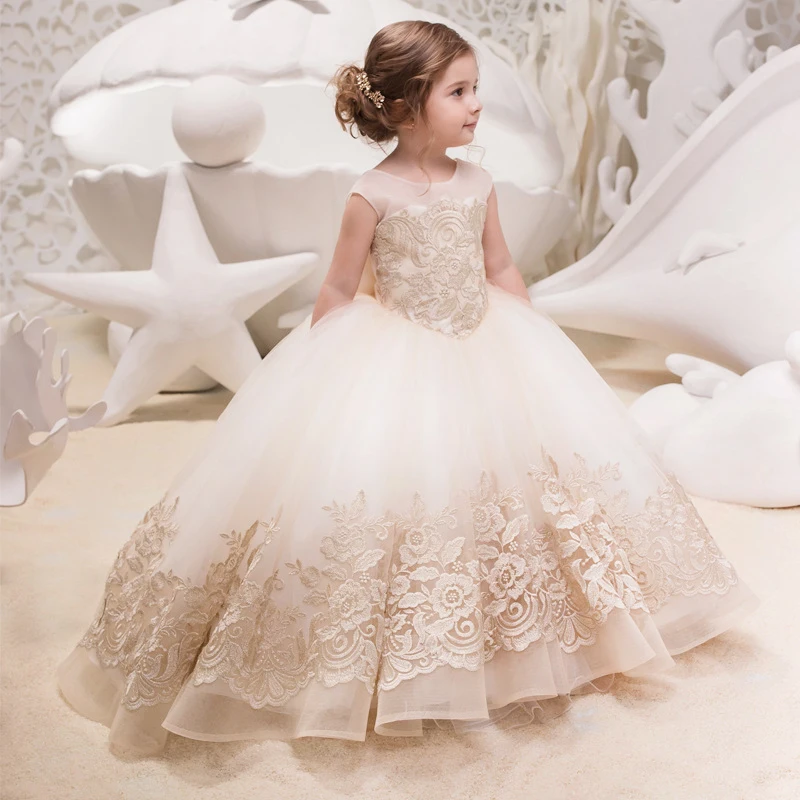 

Girls Bridesmaid Dress For Wedding Lace Flower Appliques Ball Gown Kids White Princess Clothes Elegant Birhtday Party Costumes