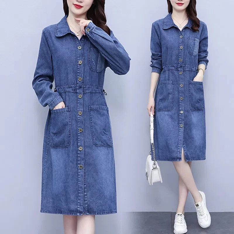Женское джинсовое платье 5XL, новинка сезона весна-осень 2023, модные Универсальные Свободные повседневные платья, женская однобортная длинная юбка большого размера