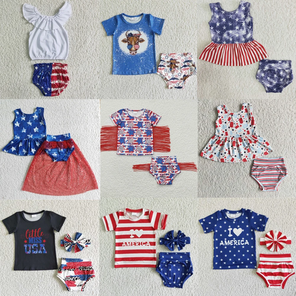 Wholesale July 4th Baby Girl Set Short Sleeves Shirt Shorts Toddler Bummie Children Summer Newborn Blue Red Star Striped Outfit