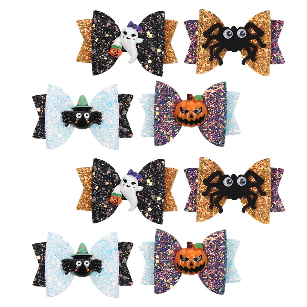 

8pcs Glitter Bow Hairpins Pumpkin Spider Ghost Hair Clip for Kids Girls