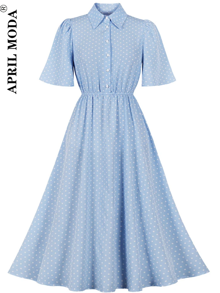 

Single Breasted Polka Dot Short Sleeve Beach Shirt Summer Dress New Arrival Casual Belt Waist 50s Casual Midi Dress Robe Femme
