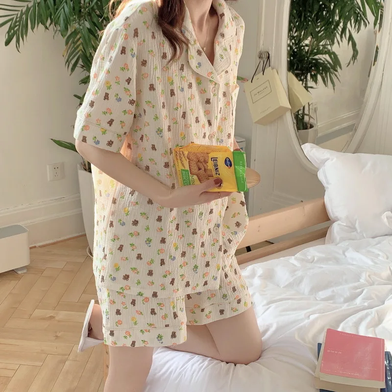 2pcs Women Pajamas Floral Sweet Bear Print Short-sleeved Single-breasted Lapels Top Causal Shorts Loungewear Suit Woman Pyjamas