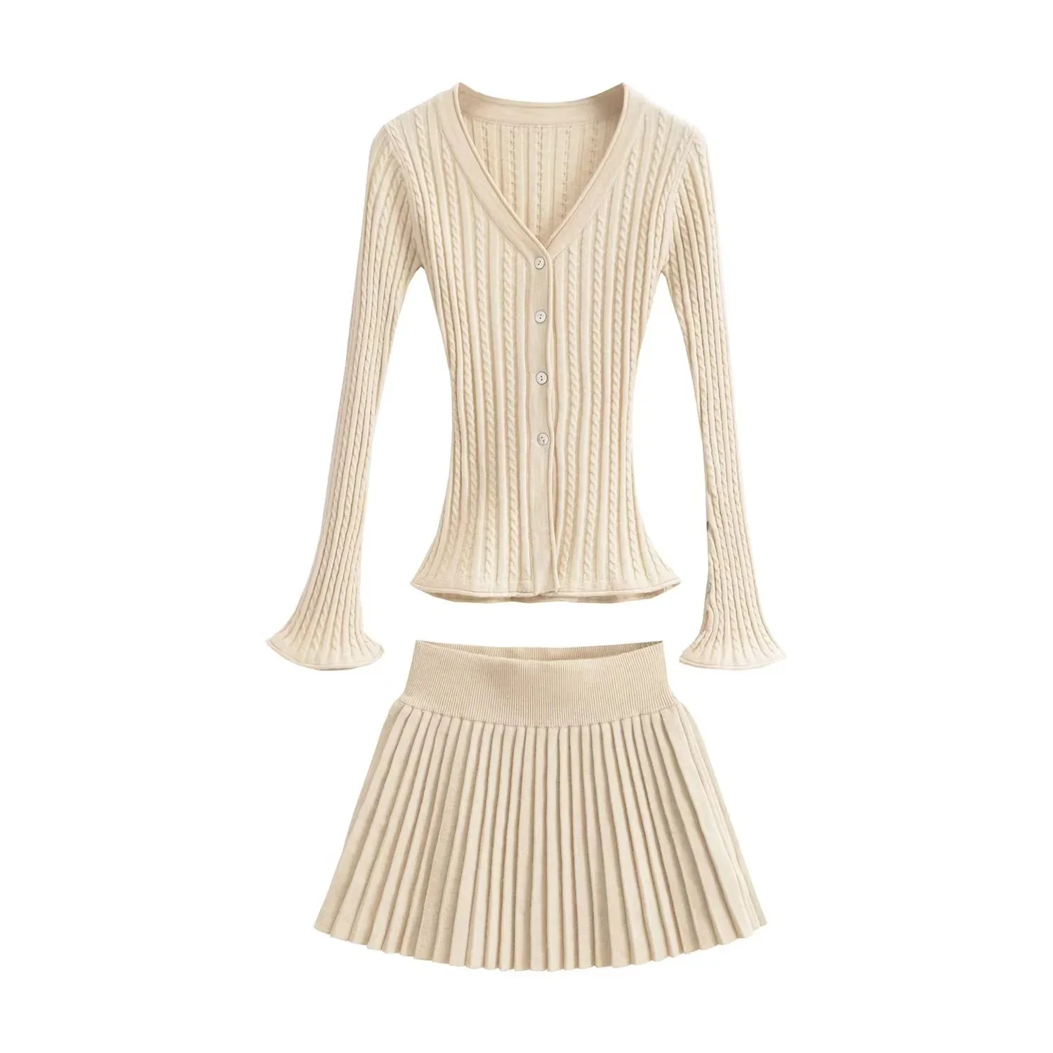 

Women Collage V neck Long Sleeve Button Up Cardigan Pleated Mini Skirt Set