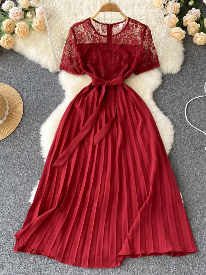 

Casual Women Summer Dress Sexy Hollow Out Floral Lace Long Pleated Dress O-neck Short Sleeve Sash Lace-up Party Maxi Dress Robe