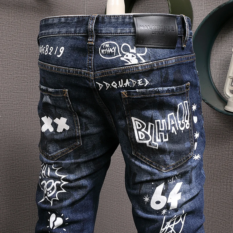 Fashion Streetwear Men Jeans Retro Blue Stretch Slim Ripped Jeans Men Punk Trousers Printed Designer Hip Hop Brand Pants Hombre