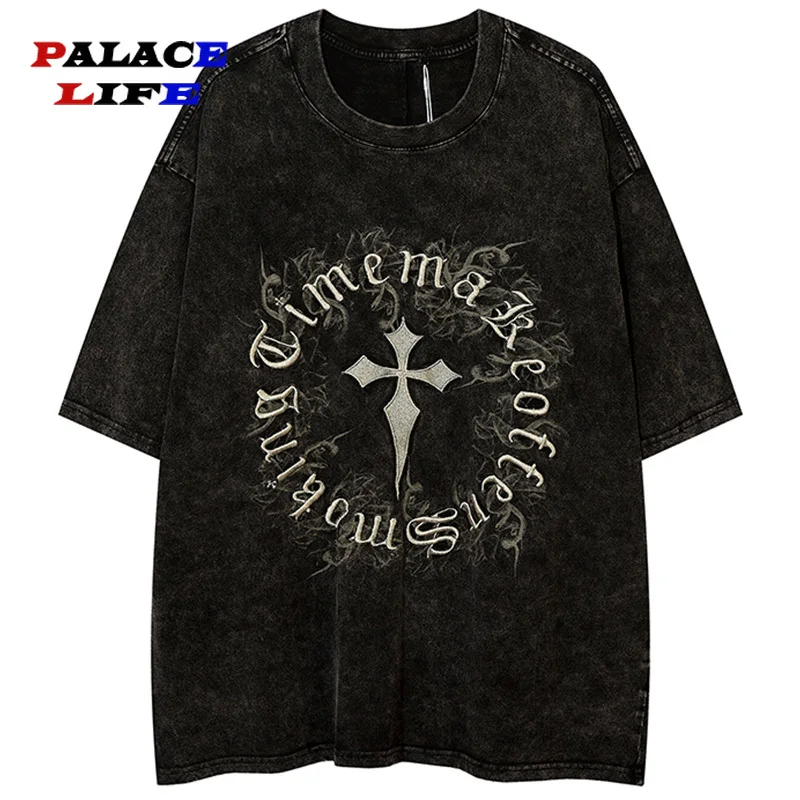 

Men's Oversized T-Shirts Letter Flame Graphic Print T Shirt Summer Harajuku Hip Hop Loose Top Tees High Street Clothes
