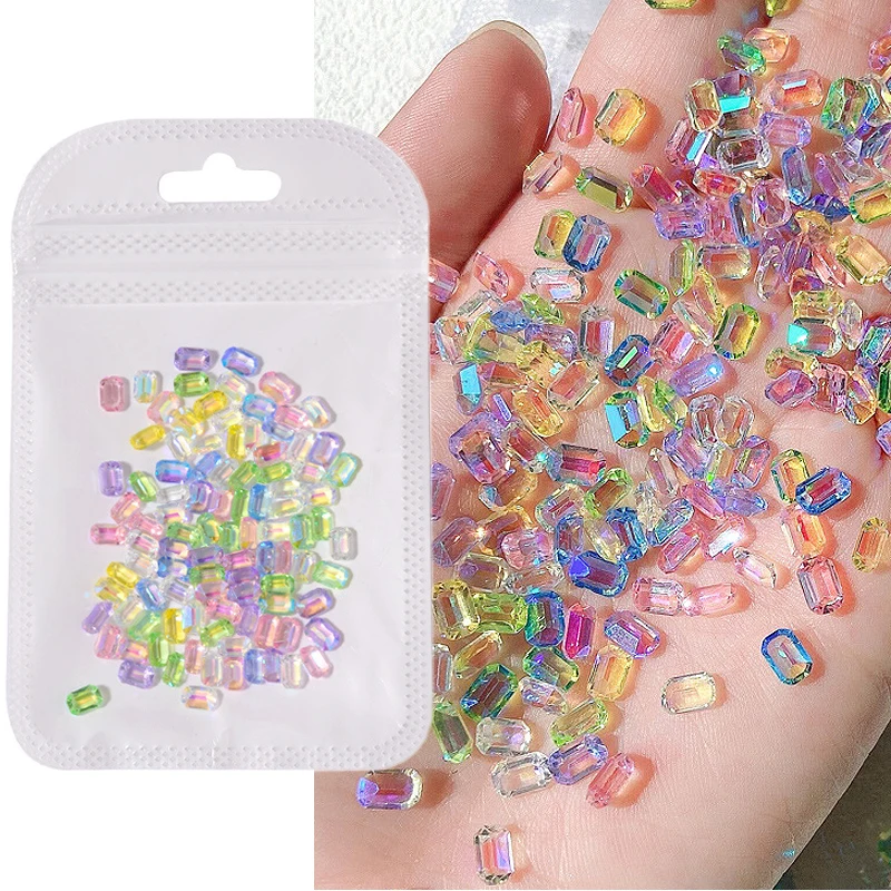 100Pcs Nail Art Rhinestones Iridescent Ice Cube Crystal Sugar Octagon Design Resin Charms Gems DIY Manicure Accessories