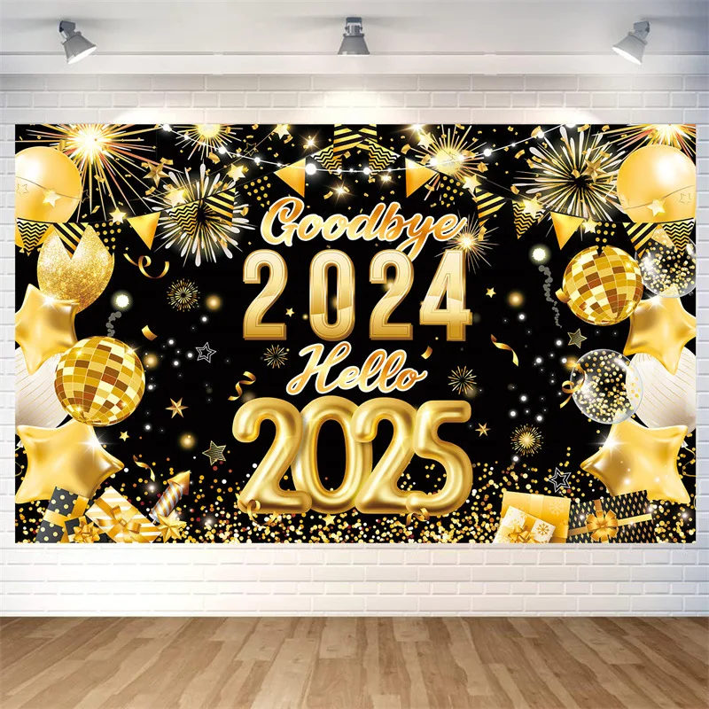 Фон с Новым годом обратный отсчет Hello 2025 блестящие воздушные шары фейерверк фон