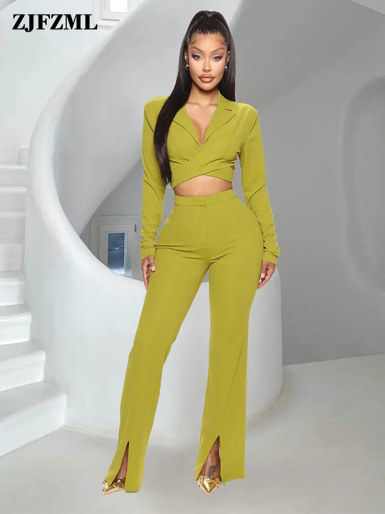 

Classic Women's Blazer Suit Office Ladies Notched Collar Long Sleeve Crop Top and High Waist Split Hem Flare Trouser Streetwear