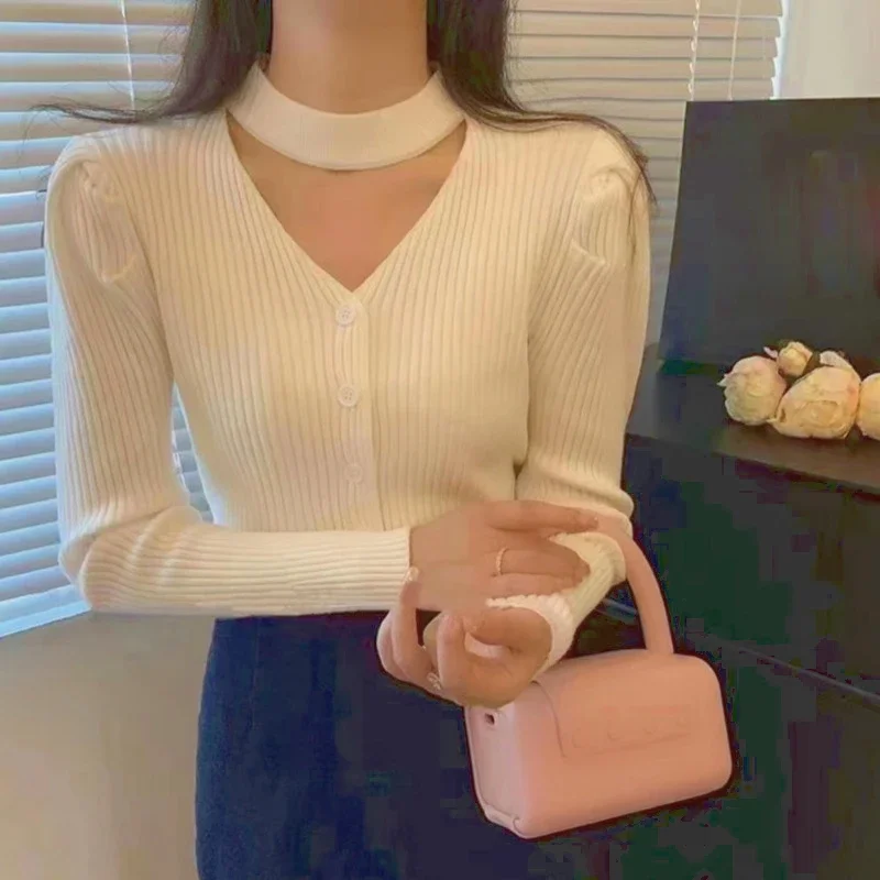 

Женский трикотажный кардиган с V-образным вырезом, с пышными рукавами