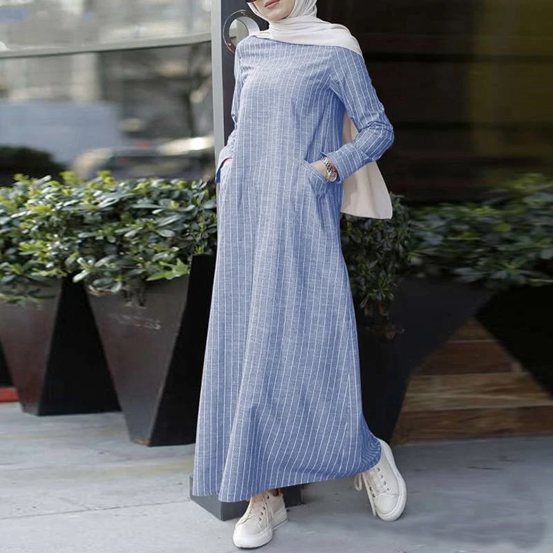 Women Muslim Long Sleeve Robe Cotton Linen Striped Round Neck Long Dress with Pocket Middle East Arab Dubai Loose Casual Clothes