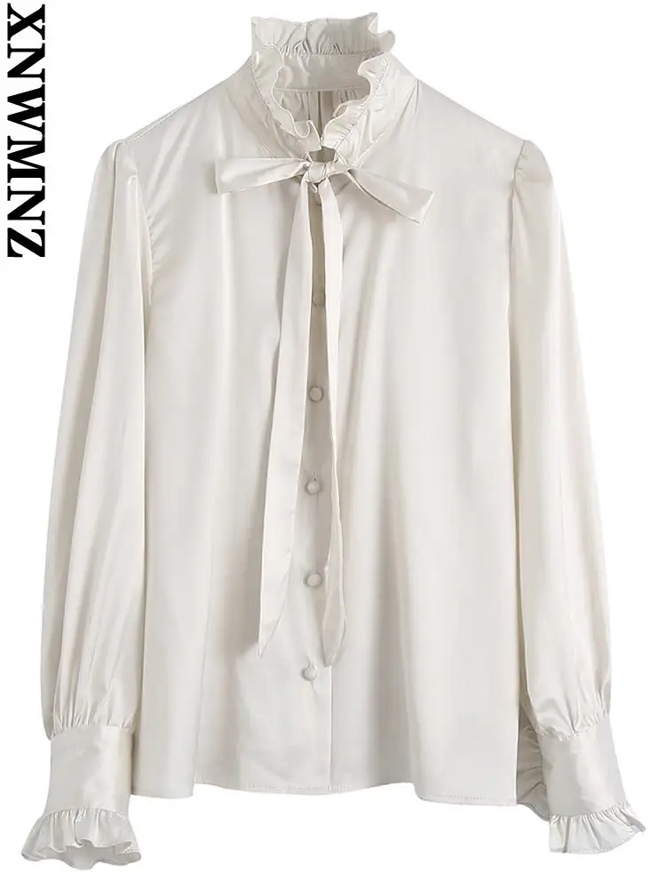 

XNWMNZ white blouse women fashion with bow tied fitted blouses vintage long sleeve button-up female shirts blusas chic tops